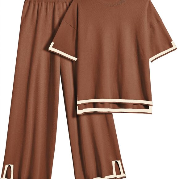 Pants - Soft Knit Lounge Set Short Sleeve Top Wide Leg Pants 2 Piece